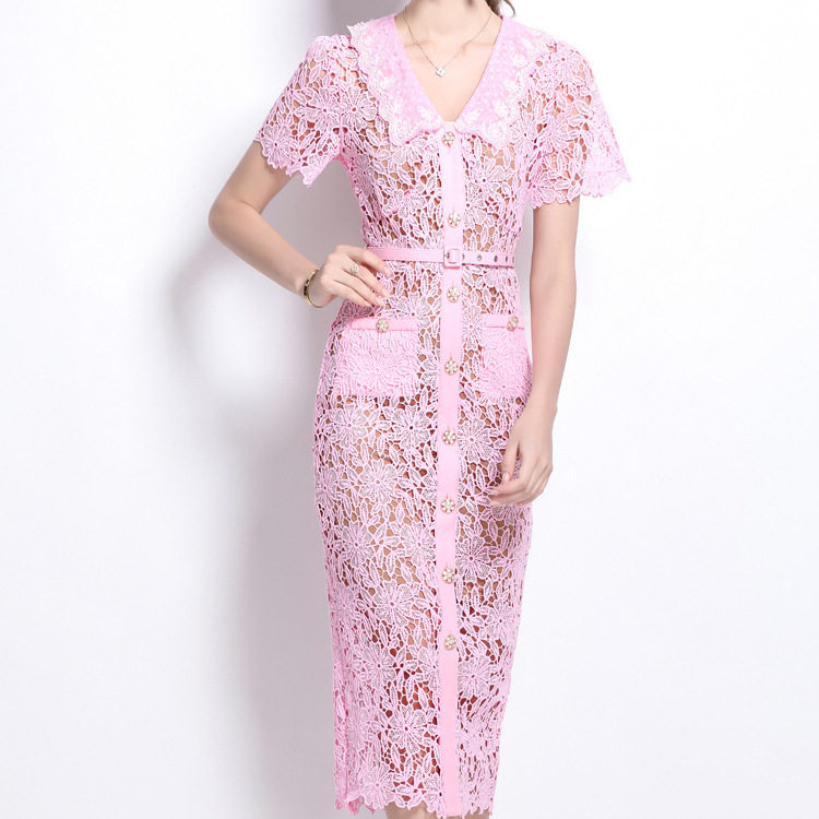 Chic Summer Dress for Women Doll Collar Short Sleeve Beaded Slim Fit Lace Detailing Perfect for Parties and
