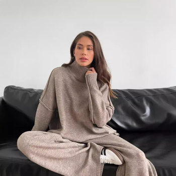 2025 Cross-Border High-Neck Slit Sweater Set for Women, European and American Style, Loose Casual Lazy Knit Pants Two-Piece Set