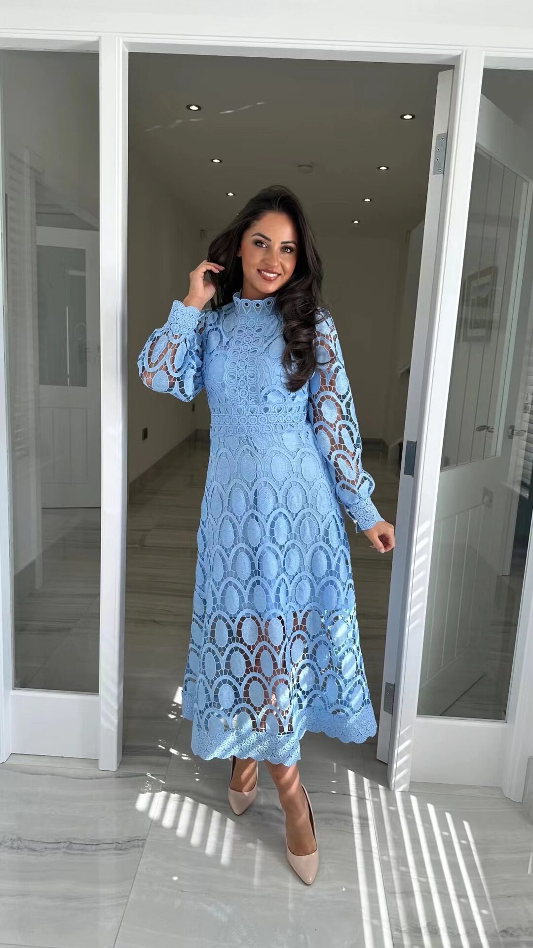 Lace Maxi Dress Sexy Hollow Out Long Sleeve Stand Collar Flared Hem Summer Occasion Wholesale Available