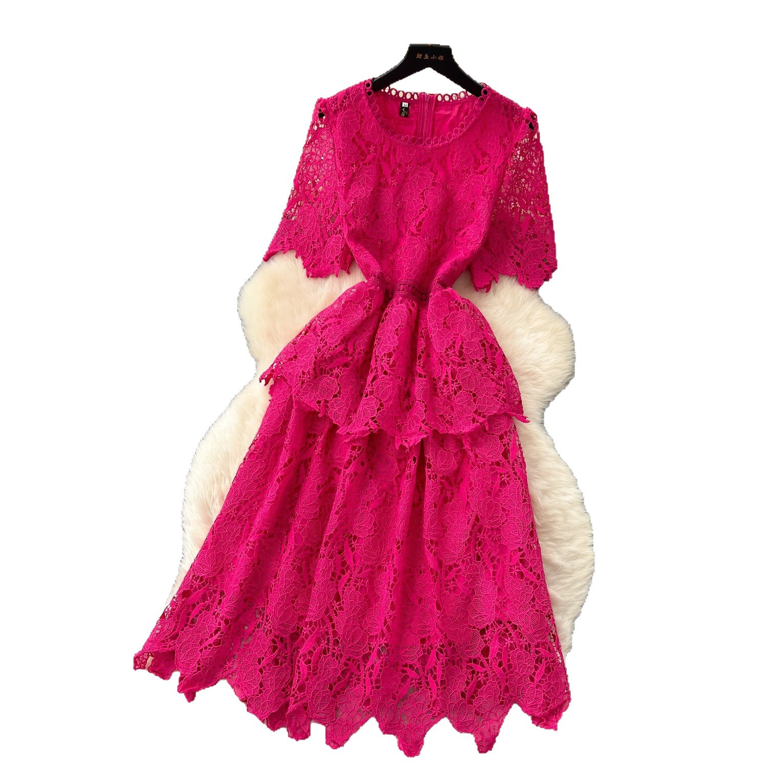 Vintage Short Sleeve Dress for Women Hollow Out Lace Design Waist Defined Elegant Style Perfect for Summer Events