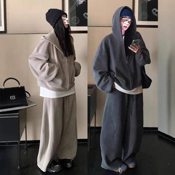 Cross-Border Autumn Plus-Size Fashionable Casual Sports Suit Women's Wide-Leg Pants Slimming Sweatshirt Two-Piece Set