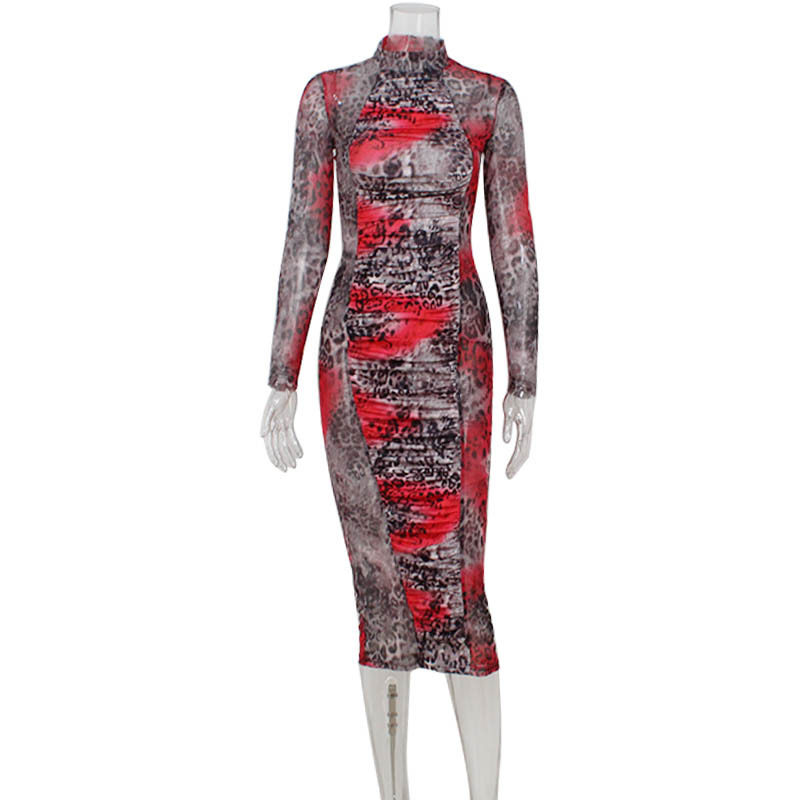 Fashionable Slim Fit Mesh Printed Ruched Bodycon Dress Long Sleeve High Neck Elegant Style Perfect for Evening Events