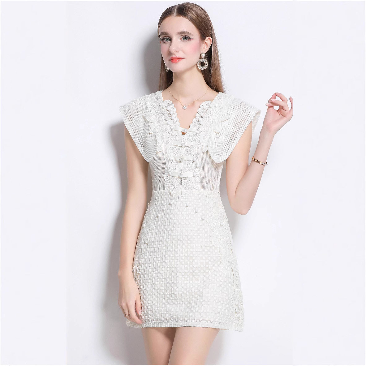 Summer Short Dress Hollow Out Breathable Fabric Sculptural Design Flowy Sleeves Casual Wear for Parties OEM