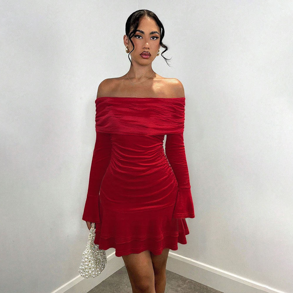 Velvet Off Shoulder Bodycon Dress Sexy Ruffle Long Sleeves Spring Summer Fashion Wholesale Available