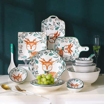 Japanese-style cartoon deer ceramic bowl and plate hand painted cute household rice noodle bowl underglaze color bowl and plate tableware suit