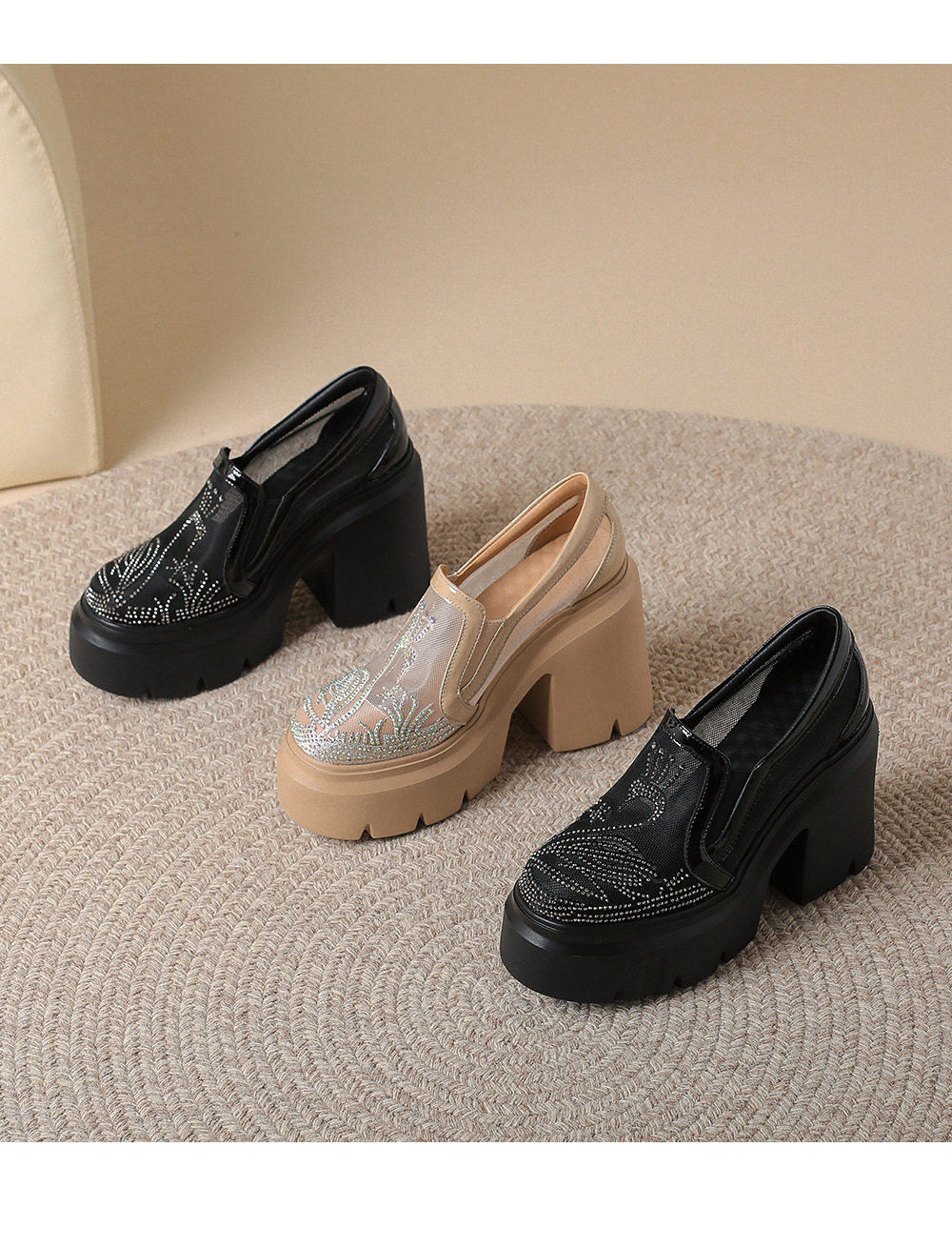 Giày cao gót nữ đế xuồng platform lưới thoáng, gót 12 cm — Trường An, Đen chi tiết 13
