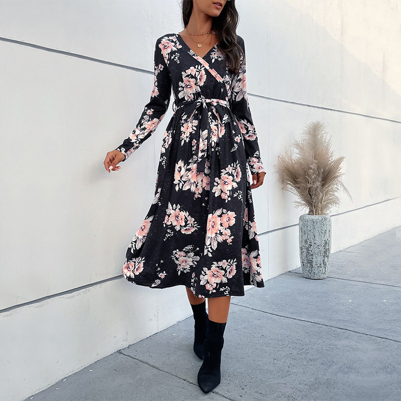 Floral Print Long Sleeve Dress V Neck Autumn Style Elegant Design Wholesale Womens Apparel low MOQ