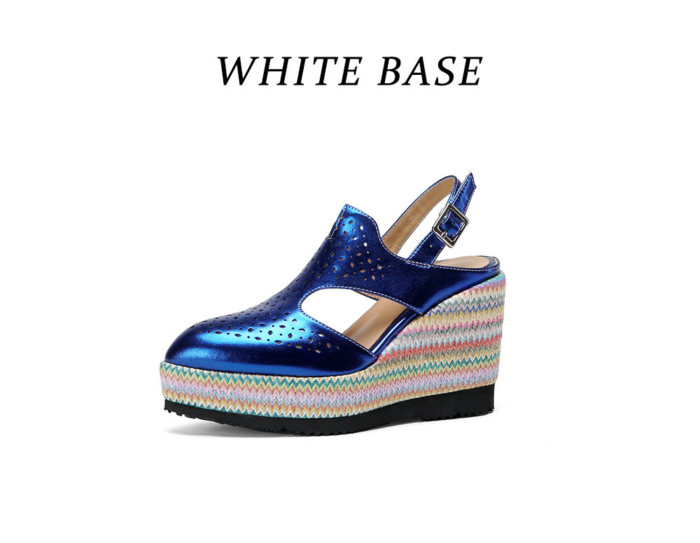 Sandal La Mã nữ da thật gót xuồng 10cm đế bánh mì tăng chiều cao — Màu be, Màu xanh dương