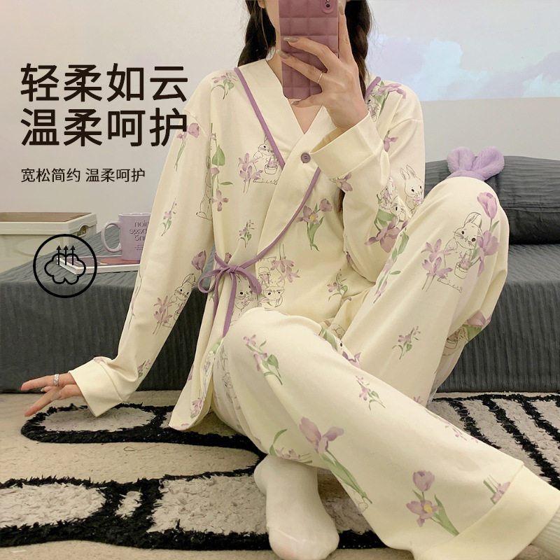 Class A Maternal and Infant Grade Monthly Clothing with Chest Pad Spring and Autumn Postpartum Lactation Pregnant Women's Pajamas Summer Thin Pure Cotton suit
