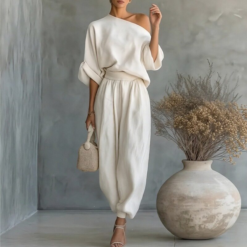 Womens Summer Casual Set Solid Color Loose Fit Asymmetrical Shoulder Wide Leg Pants Perfect for Everyday Wear