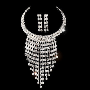 European and American Amazon New exaggerated long tassel necklace fashion multi-layer tassel diamond necklace earrings collar wholesale