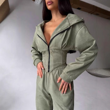 European and American Style Autumn and Winter Women's Solid Color Belted Hooded Sweatshirt and Long Pants Set Sports Casual Long Pants Two-Piece Set for Women