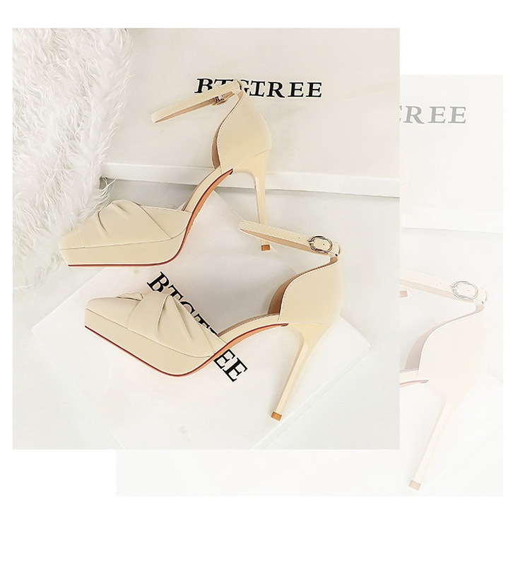 Sandal cao gót nữ mũi nhọn quai ngang đính nơ, đế xuồng 1.5cm, gót mảnh 10.5cm — Màu đen, Màu trắng be