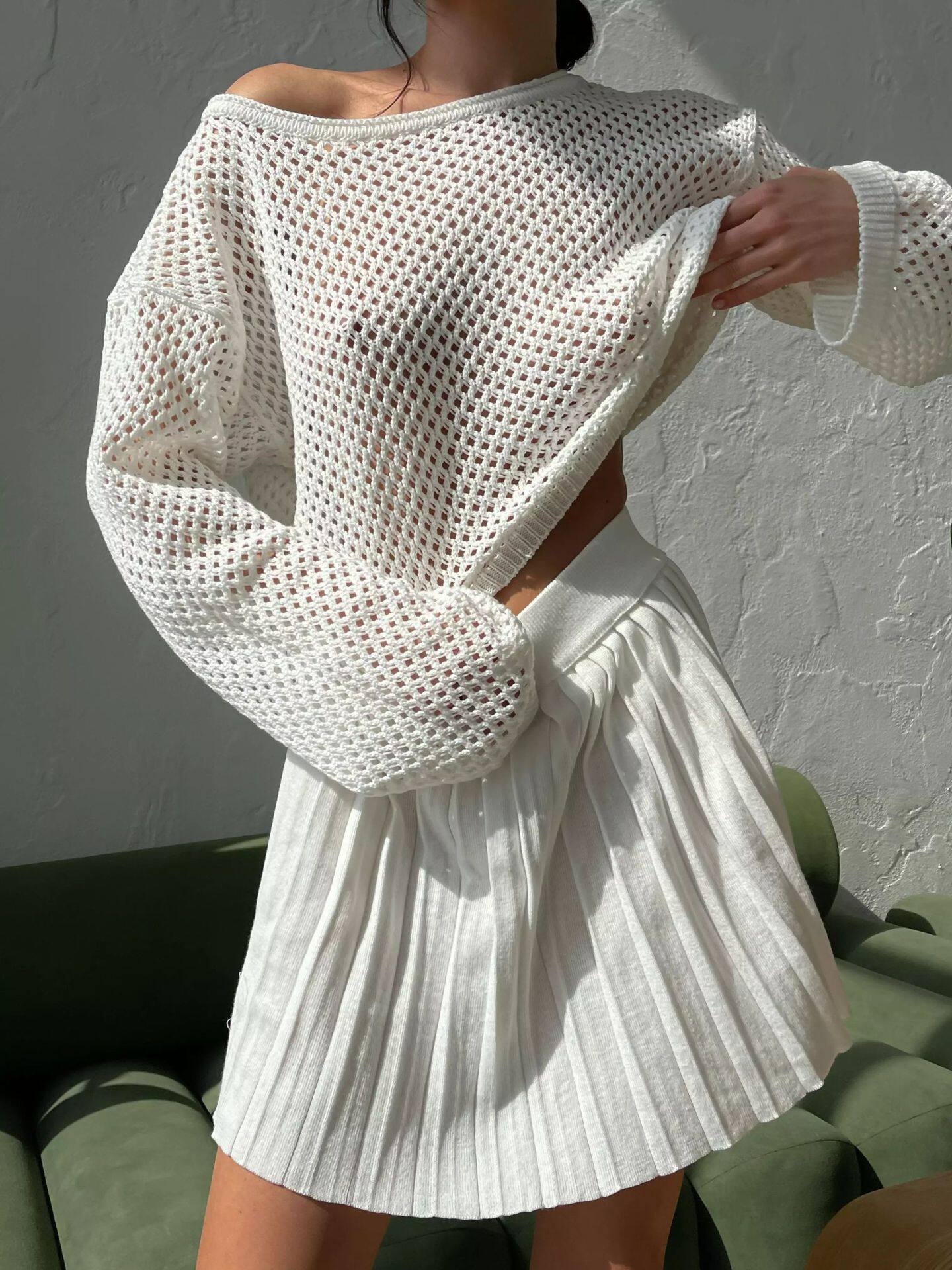 Lace Knit Sweater and Pleated Skirt Set Loose Fit Casual Style Comfortable Fabric Perfect for Autumn Winter Wear