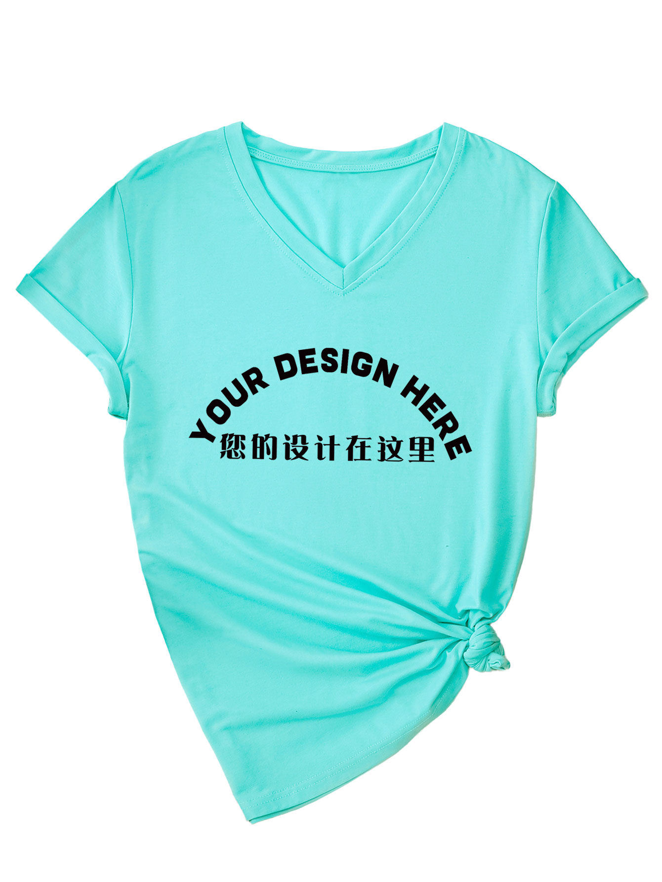 外贸一件制定DIY图案印花外贸欧美现货时尚批量批发女士V领短袖衫
