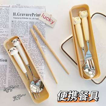 Ceramic handle stainless steel spoon fork wholesale ins tableware cute dessert spoon student portable tableware storage box