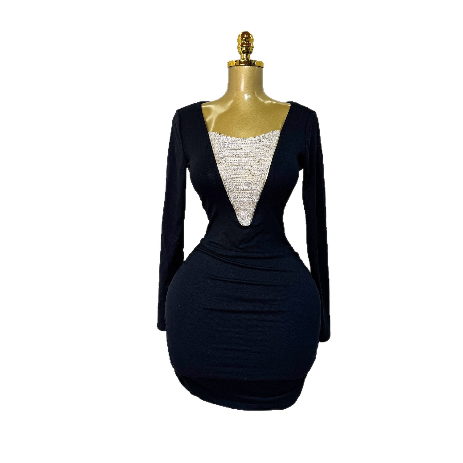 V Neck Long Sleeve Bodycon Dress Chain Bead Detail Stretch Fabric Slim Fit Spring and Autumn Fashion Wholesale