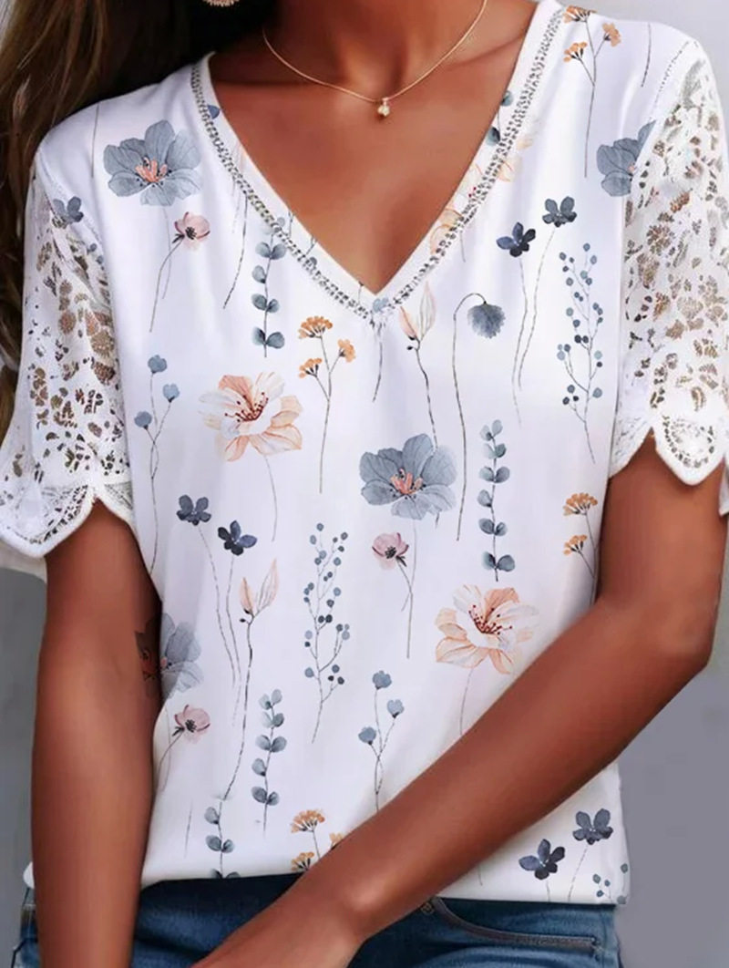 Summer Floral Lace V Neck Short Sleeve Top for Women Stylish Patchwork Design Perfect for Casual Outings OEM Available