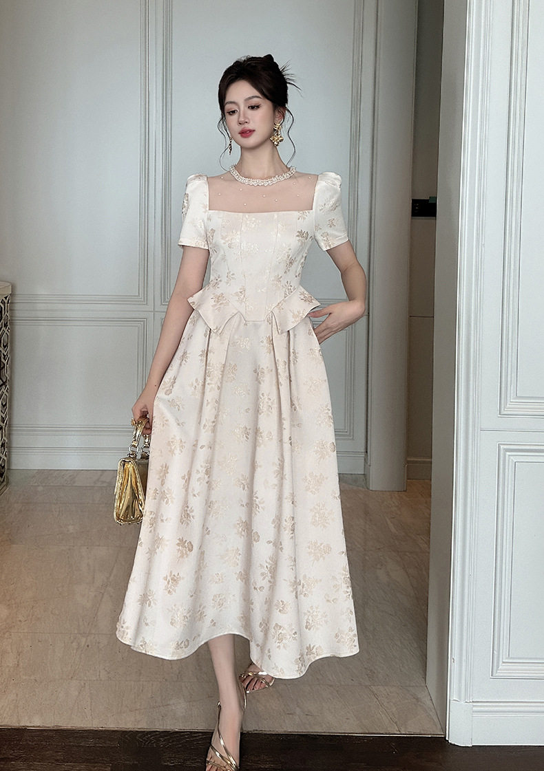 Đầm maxi nữ oversize tay ngắn cổ tròn họa tiết hoa nhí phong cách Pháp — [Màu hồng đào] chi tiết 5