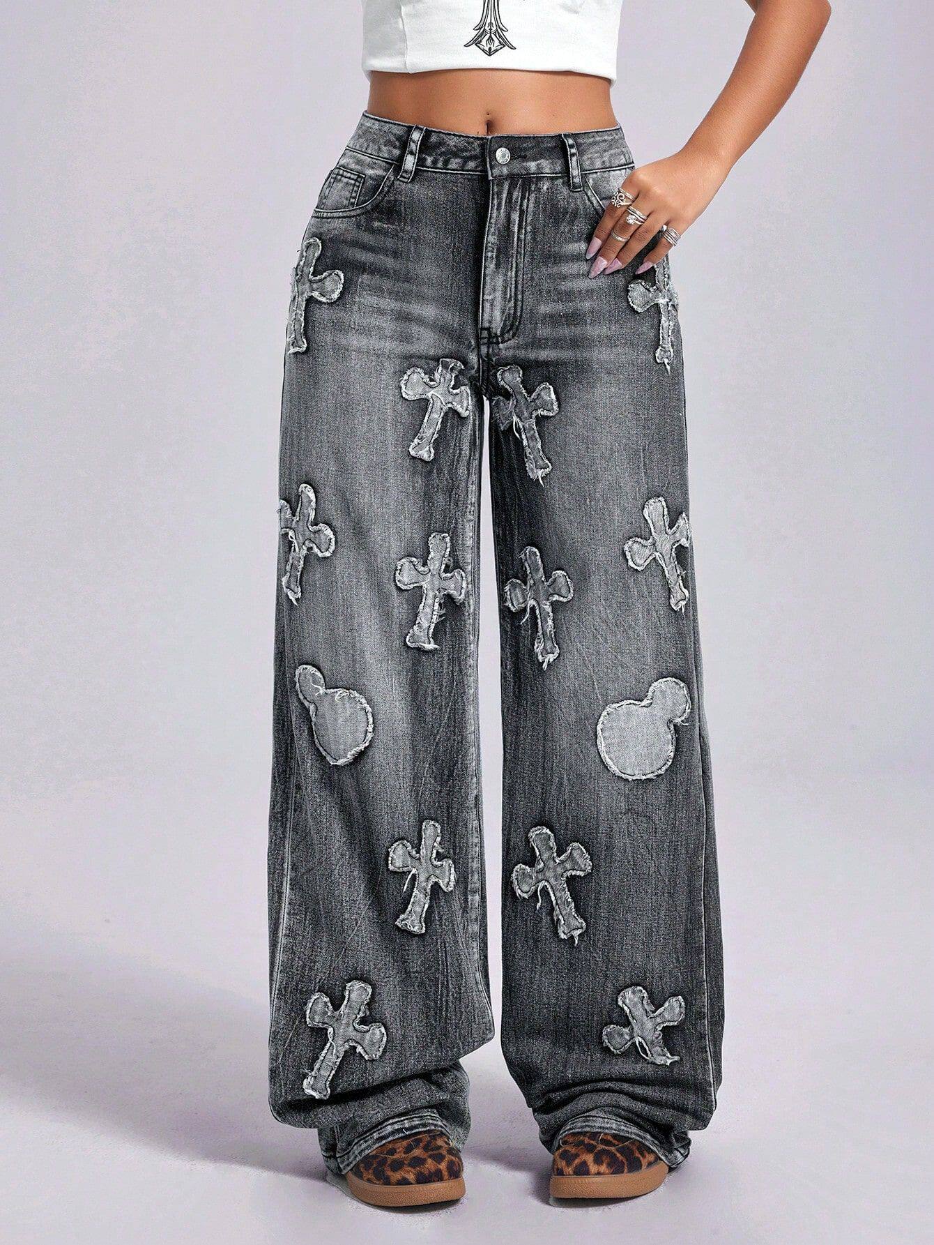 Vintage Embroidered Cross Denim Jeans Womens Straight Leg Retro Style Casual Wear Wholesale Available