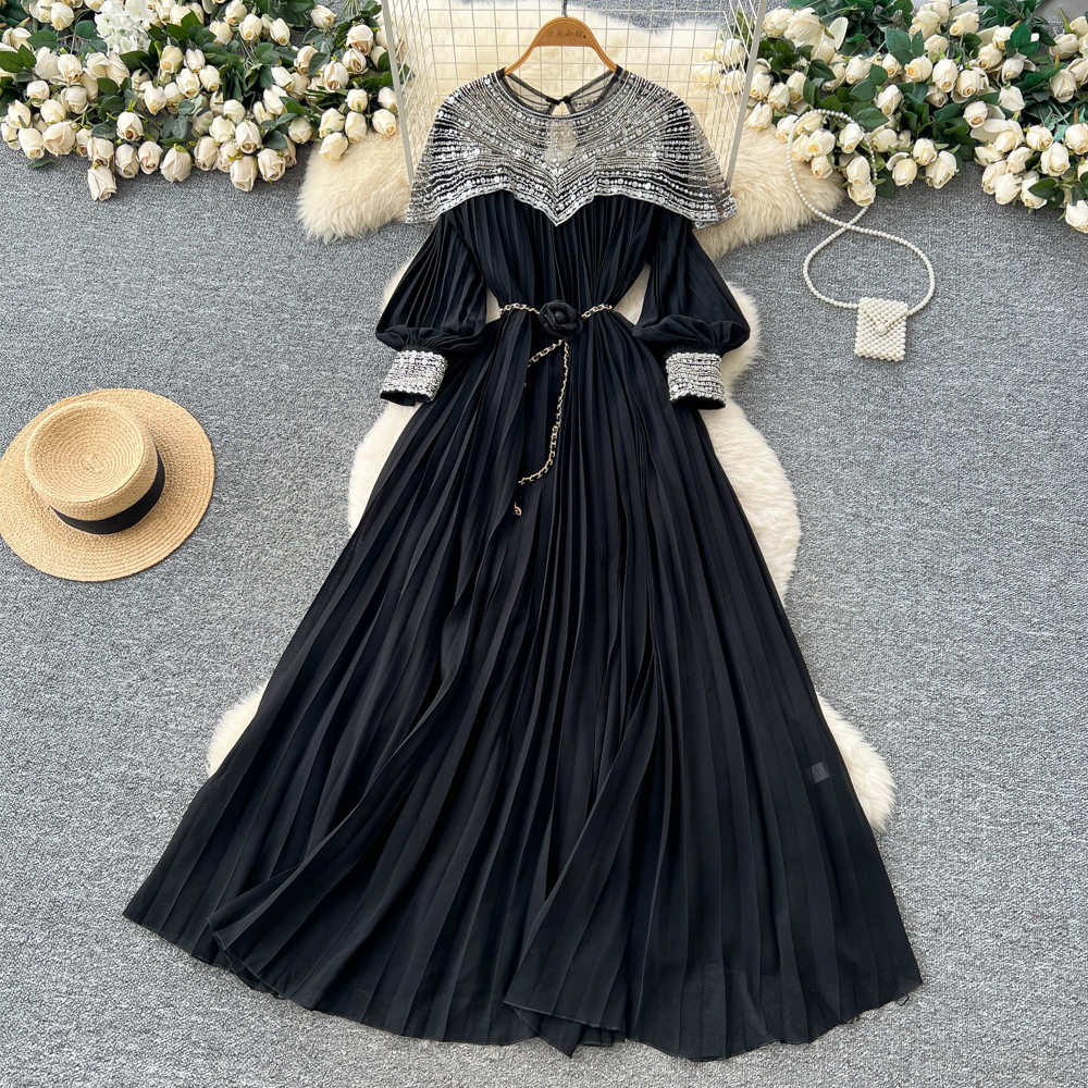 French Style Embroidered Beaded Sequin Mesh Lantern Sleeve Tie Waist Pleated Maxi Dress for Women Elegant Evening Wear
