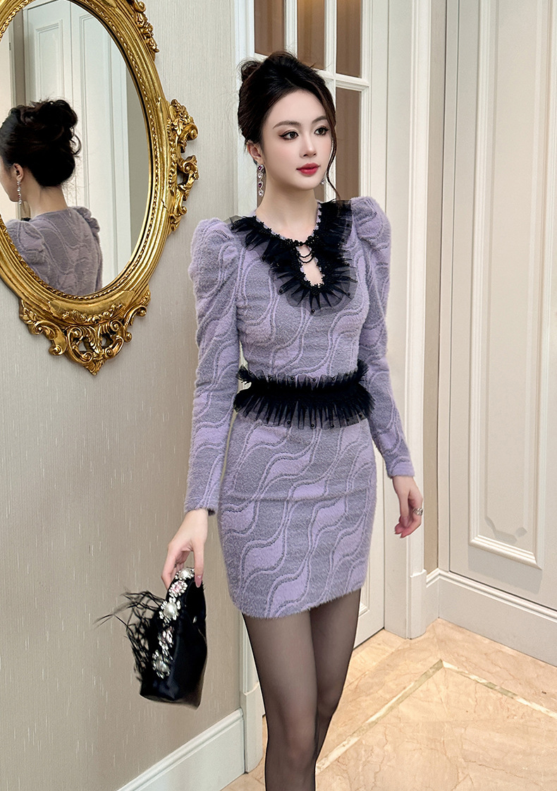 Đầm ren nữ dài tay cổ tròn thắt eo ôm body phong cách thanh lịch — Hoa tulip tím