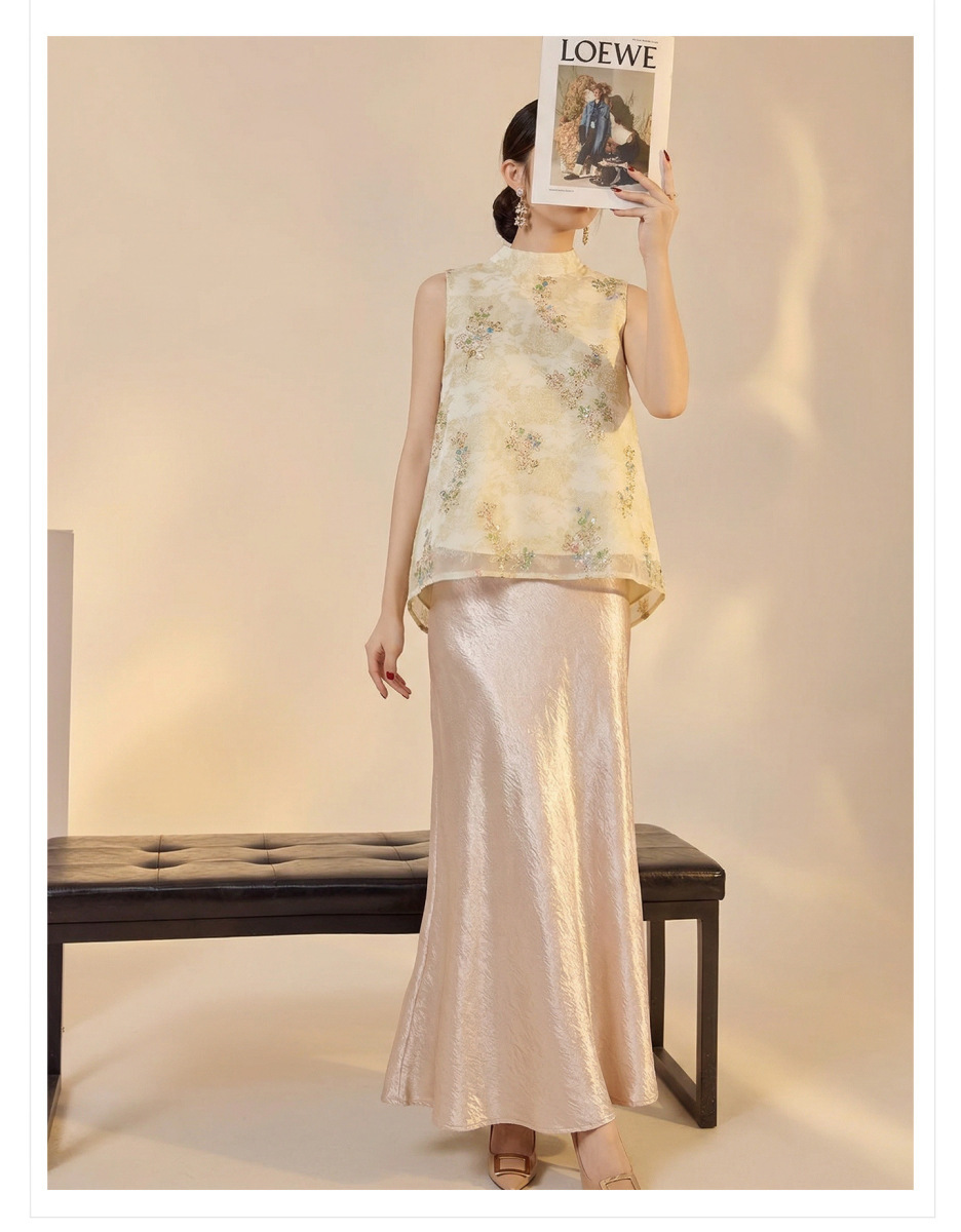 Bộ áo gile thêu hạt không tay kèm chân váy đuôi cá dài — Chân váy màu champagne (giao hàng trong 7 ngày), Áo gile thêu hạt (giao hàng trong 7 ngày), Áo gile thêu hạt (giao hàng trong ngày), Bộ sản phẩm (giao hàng trong 7 ngày)