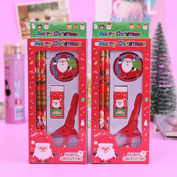 Cartoon Santa Claus Pencil Scissors stationery suit student cute Christmas eraser pencil sharpener five-piece set Wholesale
