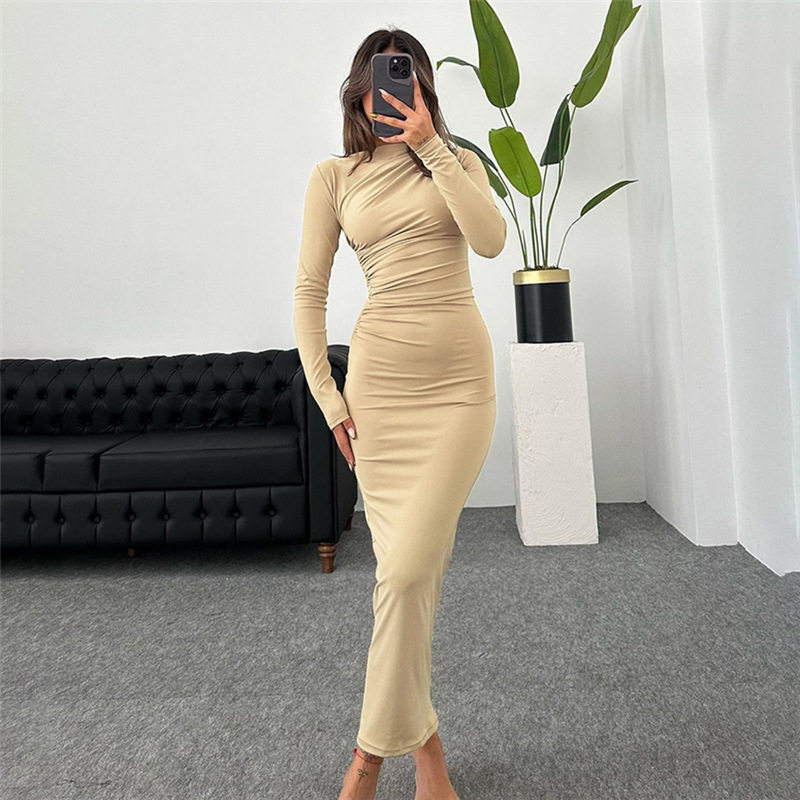 Womens Spring Dress Fashionable Solid Color Long Sleeve Slim Fit Round Neck Perfect for Casual or Formal Occasions