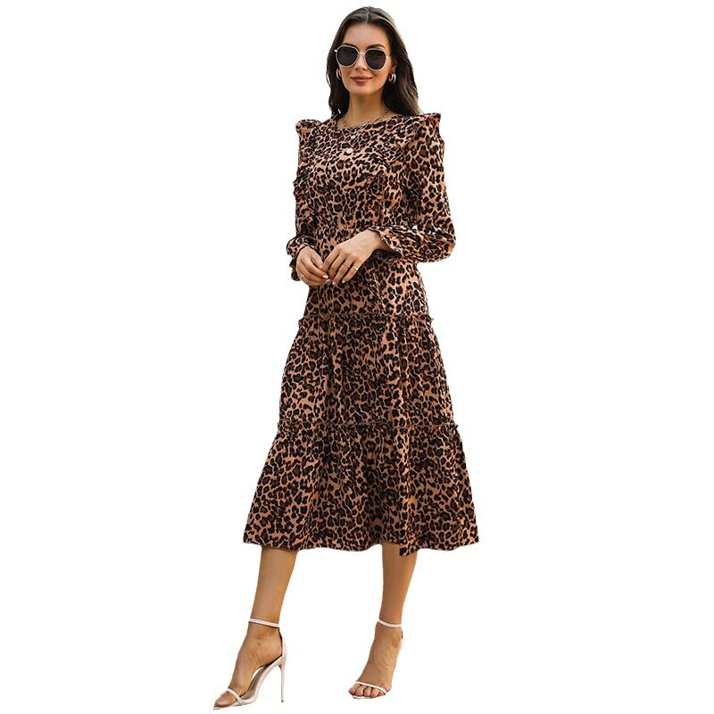 Vintage Leopard Print Ruffle Sleeve Dress Autumn Winter Collection Elegant Casual Wear Wholesale Available