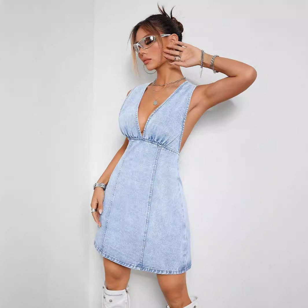 Slim Fit Denim Dress V Neck Sleeveless Backless Casual Summer Wear Wholesale Available fast shipping