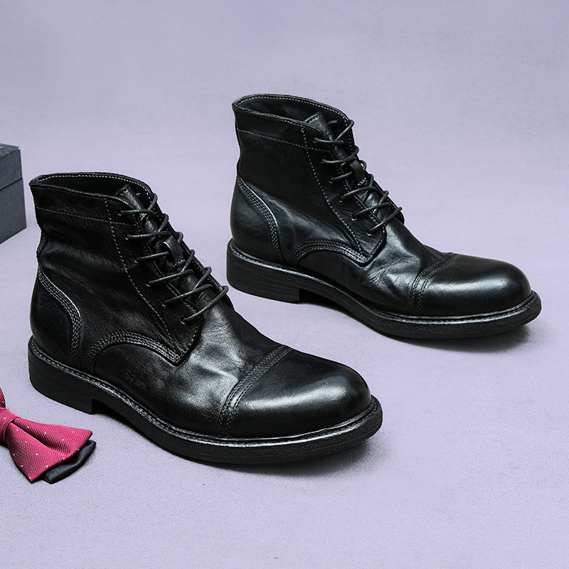 Giày boot nam da ngựa cổ cao mũi tròn đế khâu Goodyear thủ công — Màu đen, Màu cà phê