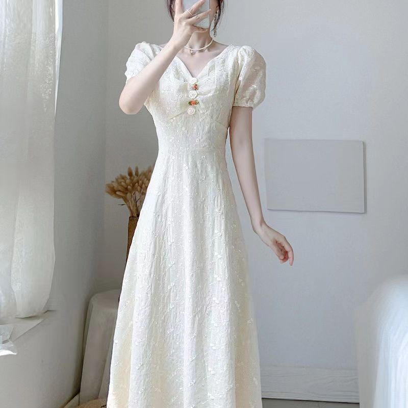 French Style Summer Dress Lightweight Waist Defining V Neck Elegant Design Perfect for Casual Outings Wholesale