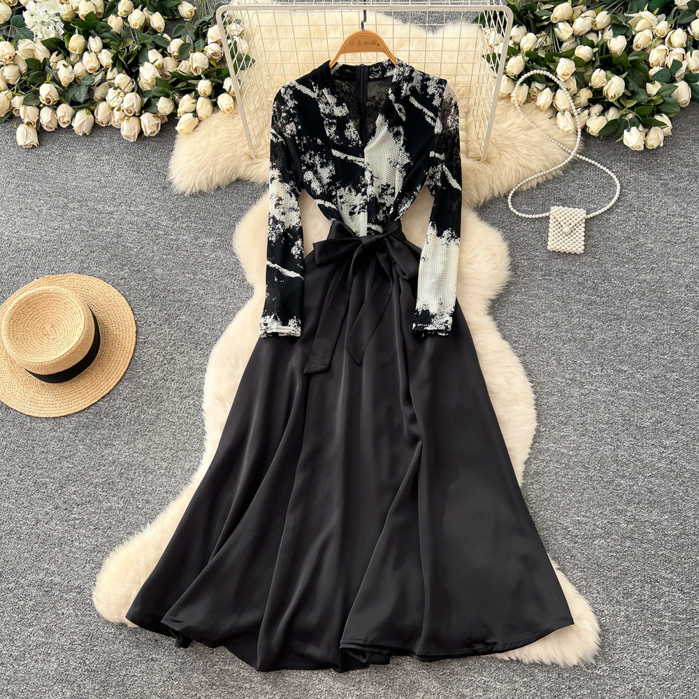 Elegant Womens Long Sleeve Dress High End French Style Floral Mesh Waist Tie A Line Silhouette Autumn Collection