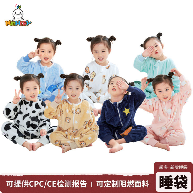 Michley Flannel Cartoon Split-Leg Sleeping Bag Autumn and Winter Cartoon One-Piece Pajamas Cross-Border Children's One-Piece Home Clothes
