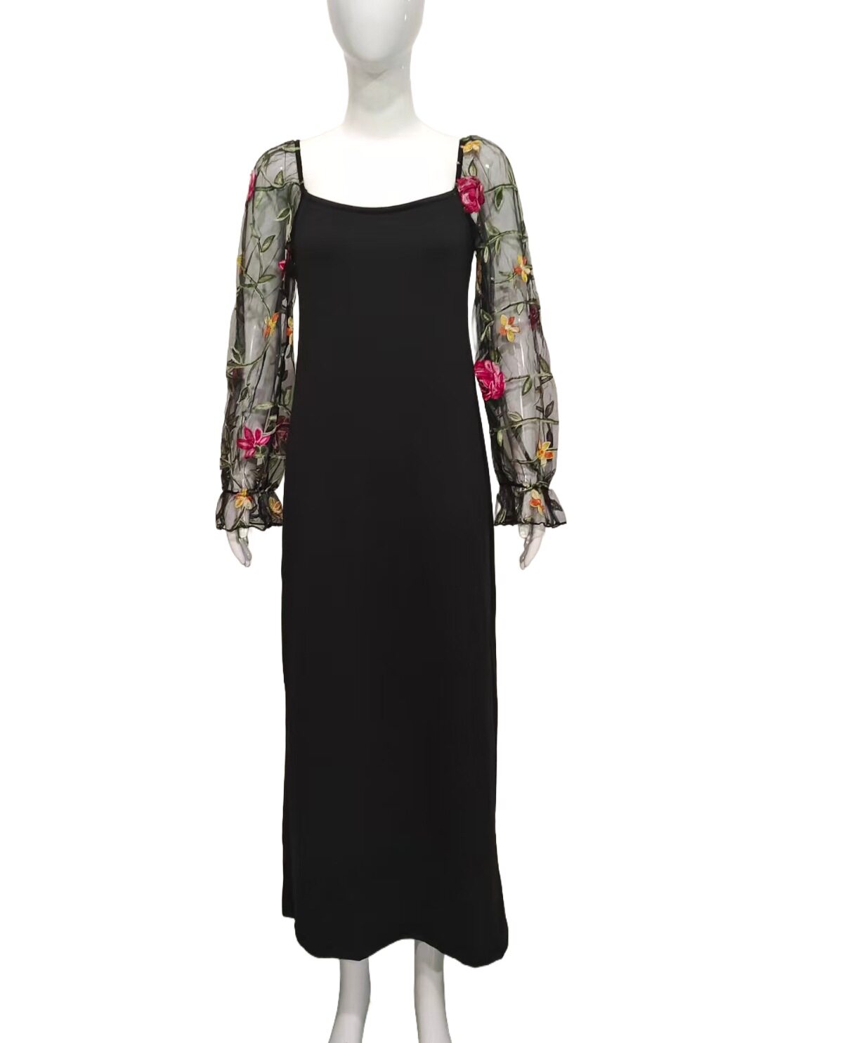 Elegant Womens Dress Heart Shaped Neckline Floral Embroidery Sheer Fabric Slim Fit Perfect for Parties and Special