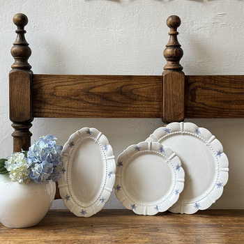 French Retro Blue Rose Ceramic Plate Petal Edge Ceramic Plate Dessert Plate Oval Plate Dinner Plate Household Restaurant Plate