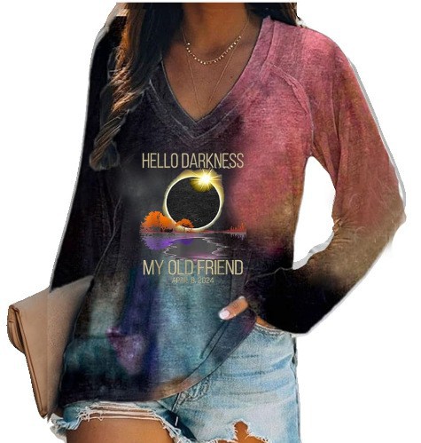 外贸跨境夏季女装简约休闲v领长袖T恤印花T恤女 独立站厂家货源