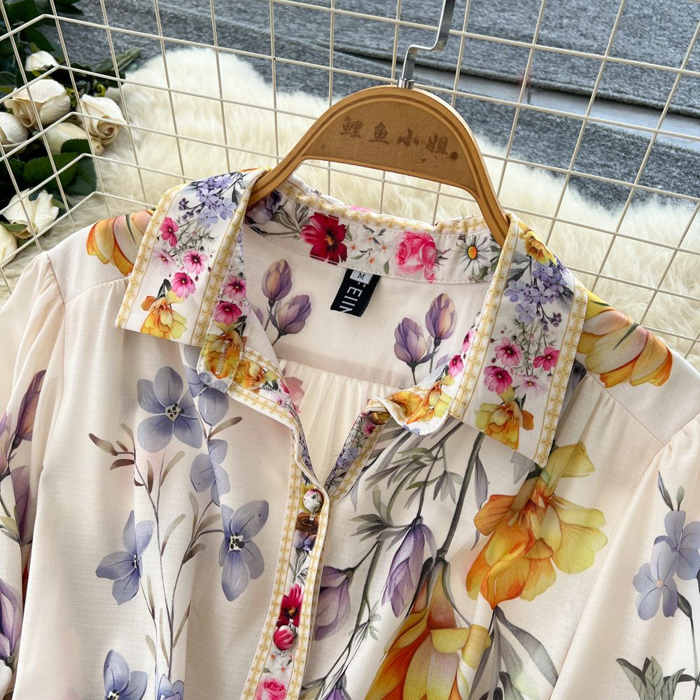 French Vintage Elegant Printed Maxi Dress for Women Autumn Collection Corset Tie Button Closure Flared Skirt