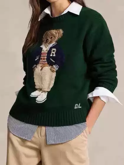 Xiaoma~Autumn and Winter New R Embroidered Baseball Jacket Cartoon Bear Sweater Loose and Lazy Style Versatile Knitted Sweater