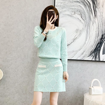 2024 Autumn New Contrast Color Knitted Two-Piece Suit Skirt Women's Long Sleeve Sweater French Style Fashion Casual Suit