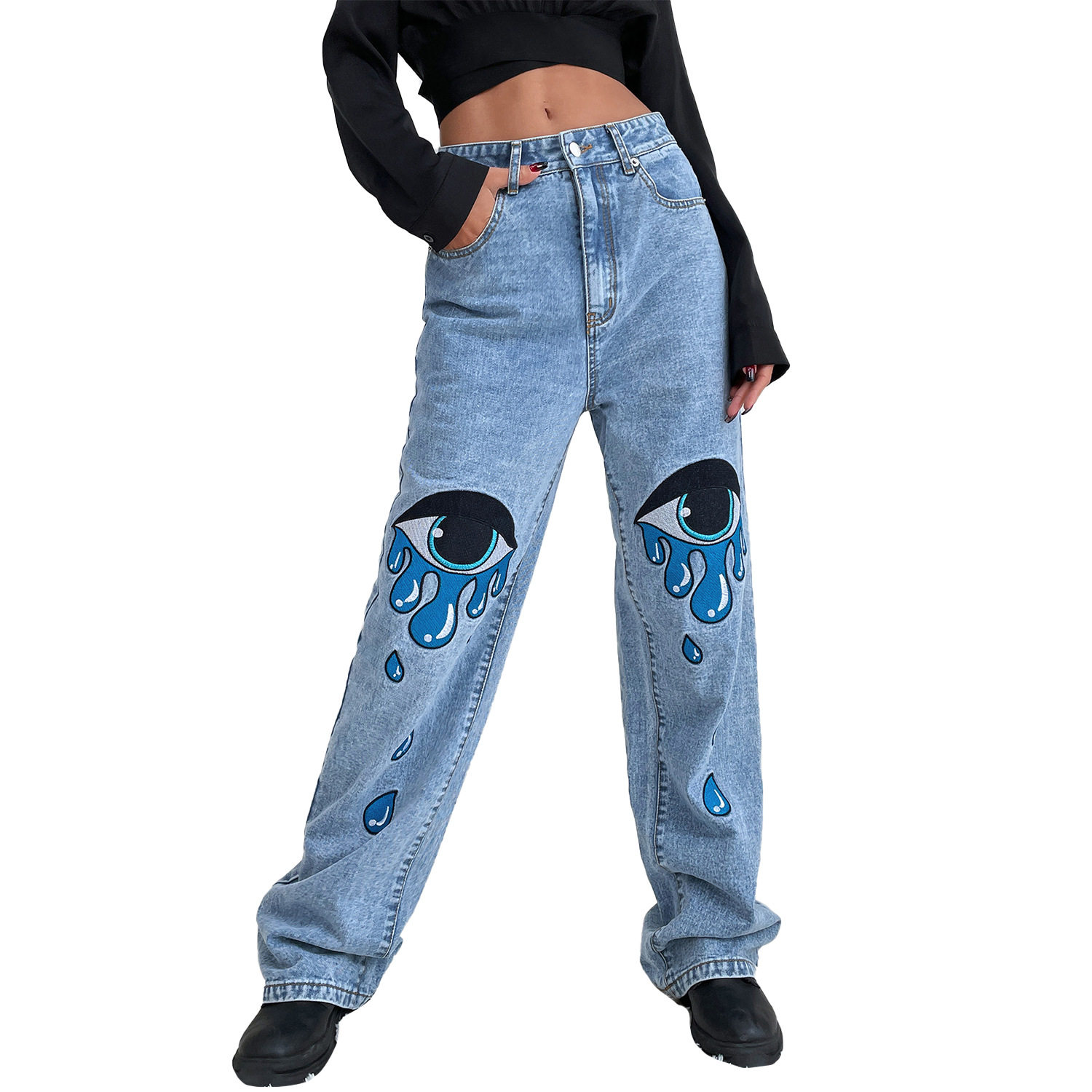 High Waisted Straight Leg Jeans Fashionable Print Trendy Style Casual Wear Wholesale Availability