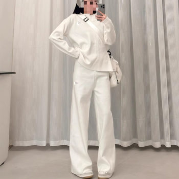 Alo Yoga European and American Lazy Autumn and Winter Knitted Sweater Polo Collar Pullover Wide Leg Pants Yoga Fitness Sports Suit