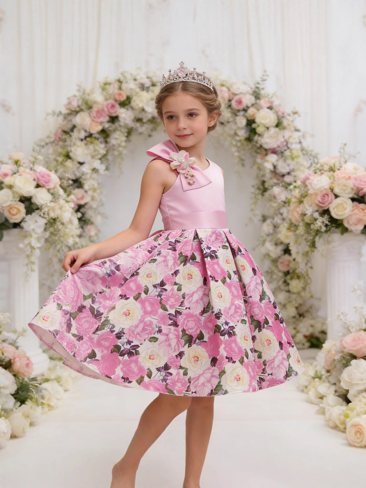 girls dress performance clothing girl printed vest dress pleated children's bow princess dress