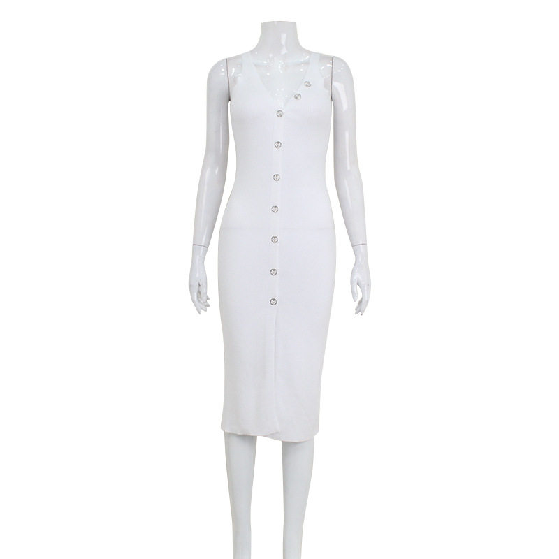 Sleeveless Knit Bodycon Dress Stylish Button Design Elegant Fit Perfect for Parties and Casual Outings Wholesale