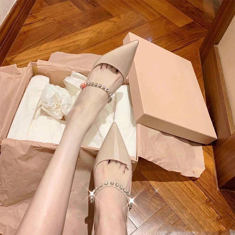High Heels Women's Spring and Summer 2023 New Arrival Single Shoes with Rhinestone Baotou Sandals Stiletto Heel Pointed Shallow Mouth Empty Shoes for Women