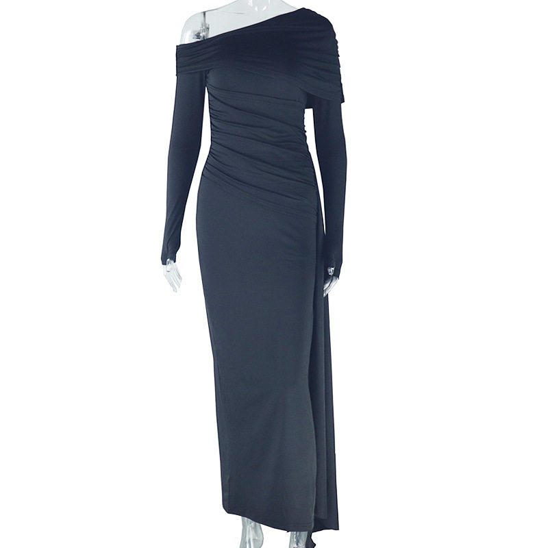 Fashionable Solid Color Asymmetrical Dress One Shoulder Long Sleeve Casual Style Wholesale Available