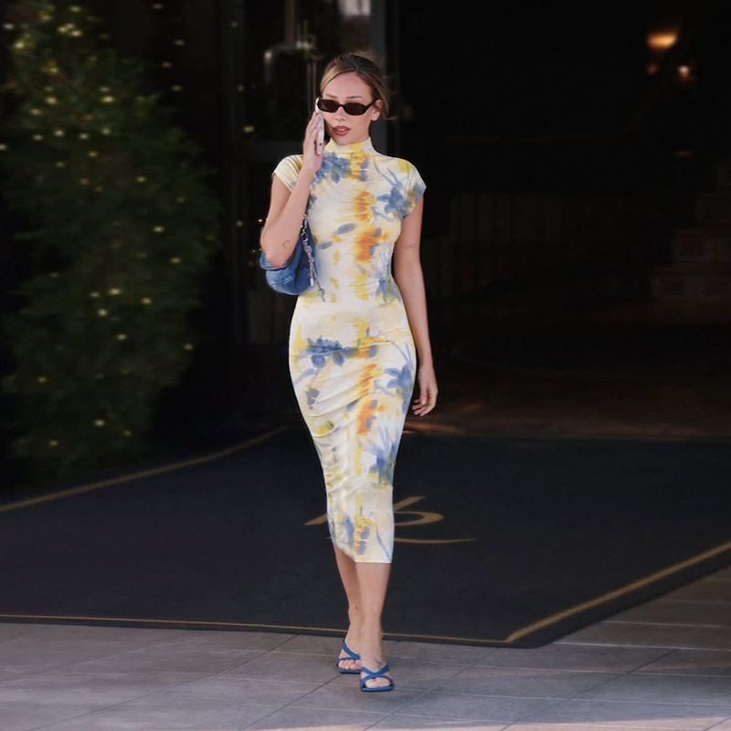 Elegant Floral Color Block Print Bodycon Dress Short Sleeve Half High Neck Spring Summer Fashion Wholesale Available