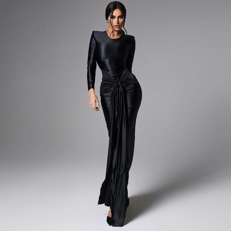 Elegant Long Sleeve Waist Tie Maxi Dress Slim Fit Spring Style Chic Design Wholesale Availability