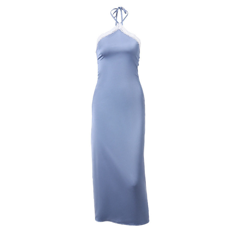 Off Shoulder Satin Midi Dress Slim Fit Spliced Design Elegant Backless Autumn Fashion for Women Wholesale Available